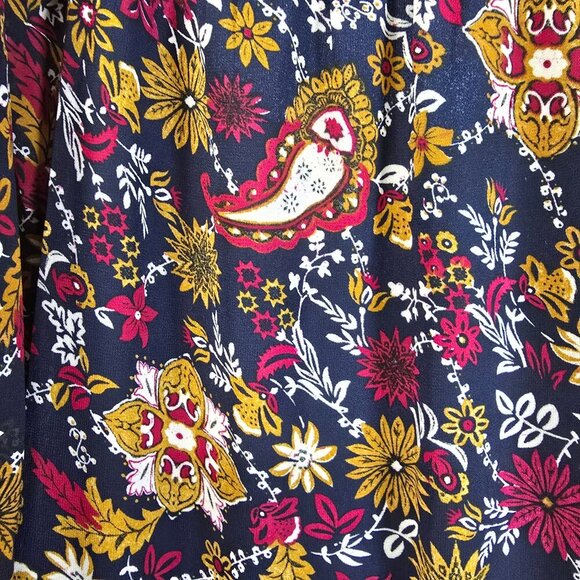 JODIFL NAVY WITH FLORAL AND PAISLEY PRINT, LINED, BISHOP SLEEVE VNECK RUFFLE SM - Picture 7 of 7